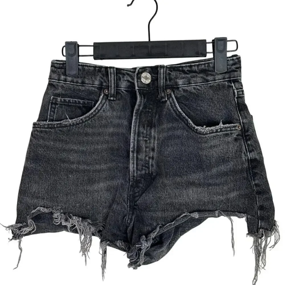 ZARA Cutoff Distressed Jean Shorts Raw Ripped Hem High Rise Pockets 0 Wash Black